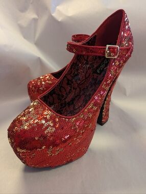 Red And Gold Sequin Platform Shoes Wild DNA Chunky Heel